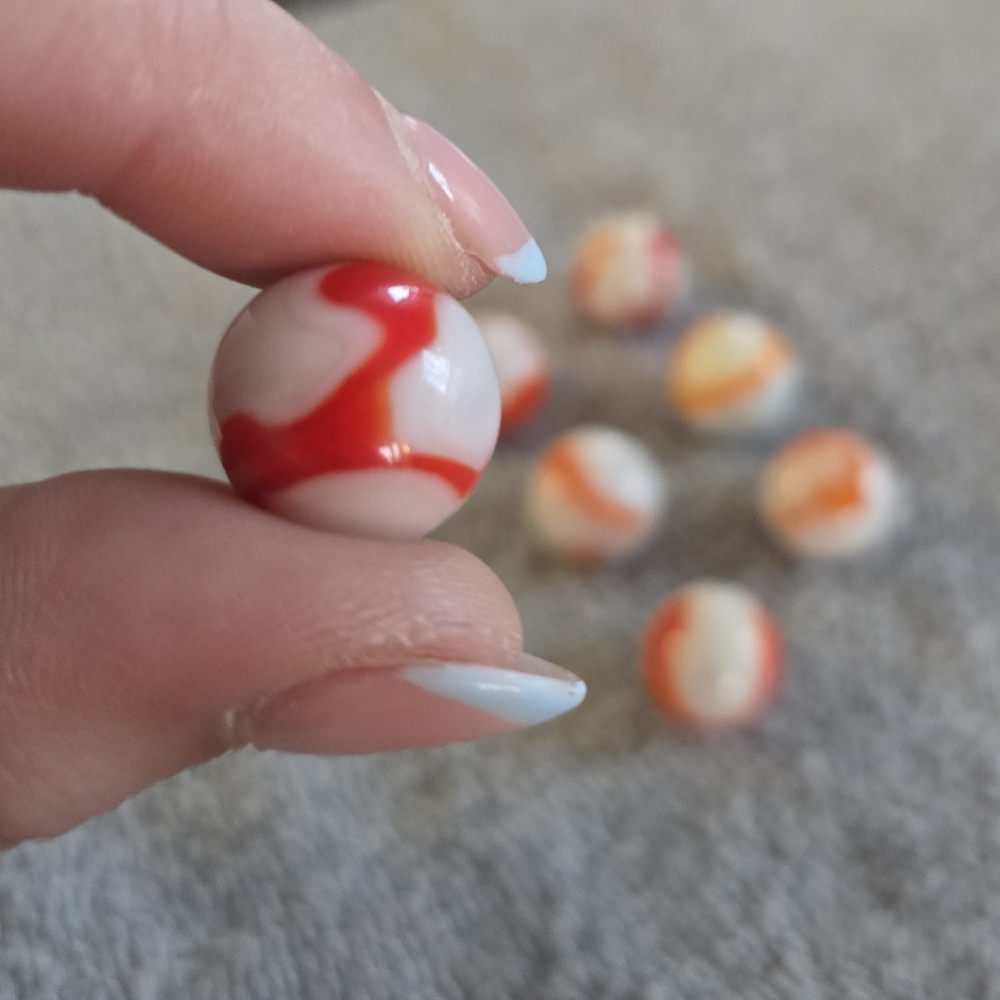 Vintage White & Orange/Red Swirl Marbles (7) – Opaque Mid-Century Glass